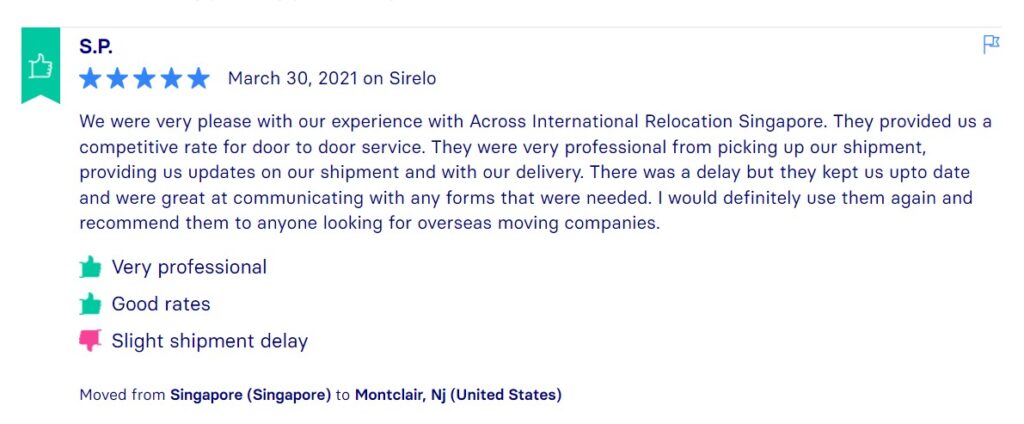 Sirelo Reviews, Across International Relocation Singapore Pte Ltd