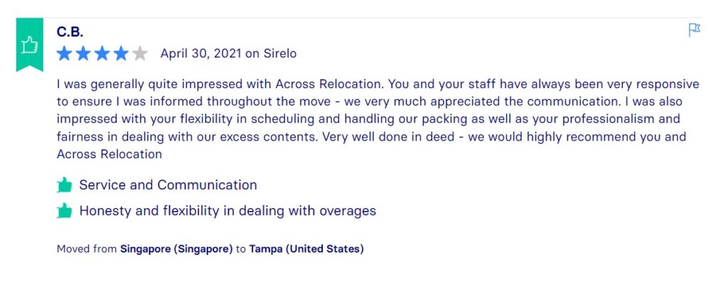 Sirelo Reviews, Across International Relocation Singapore Pte Ltd