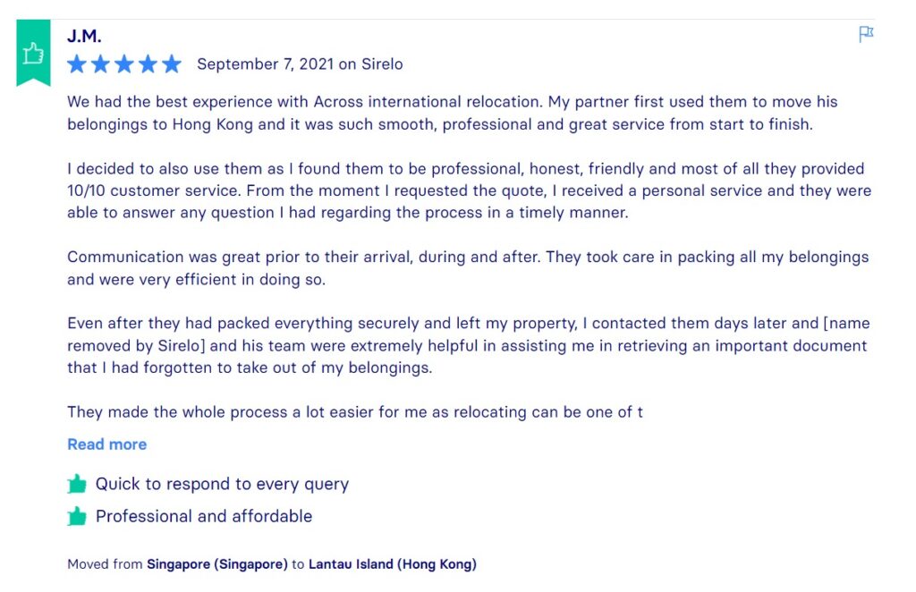 Sirelo Reviews, Across International Relocation Singapore Pte Ltd