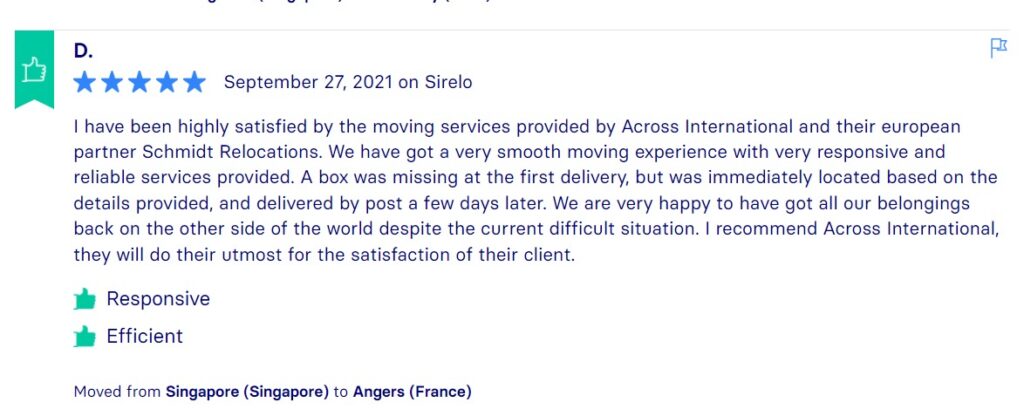 Sirelo Reviews, Across International Relocation Singapore Pte Ltd