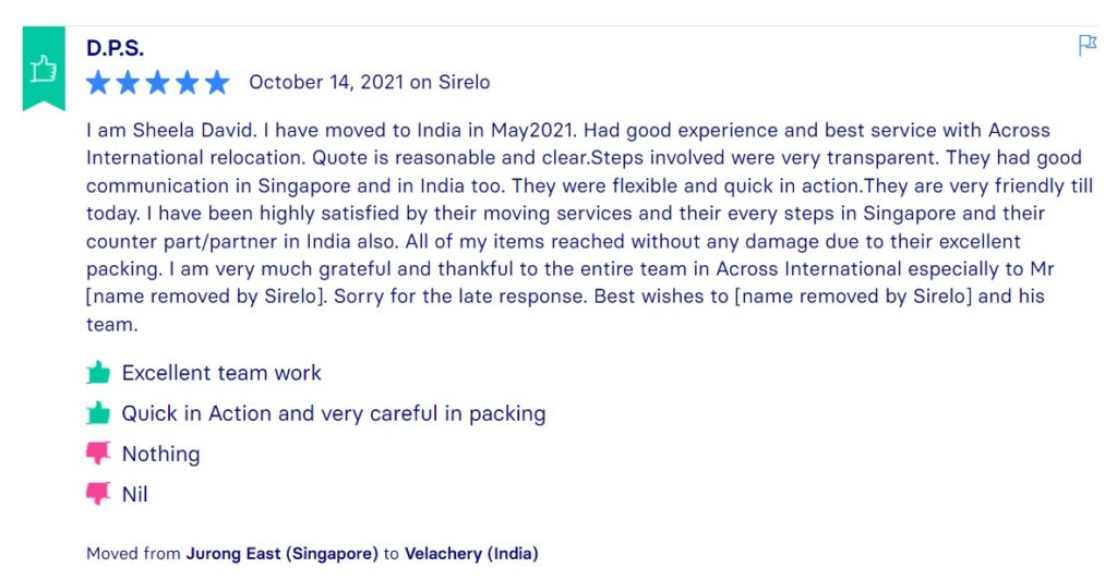 Sirelo Reviews, Across International Relocation Singapore Pte Ltd