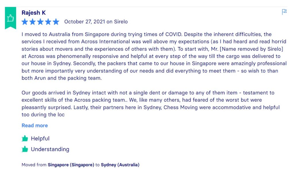 Sirelo Reviews, Across International Relocation Singapore Pte Ltd