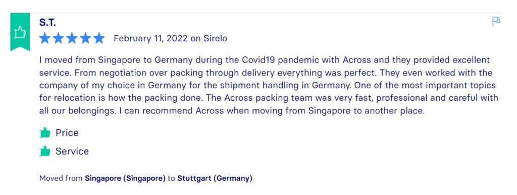 Sirelo Reviews, Across International Relocation Singapore Pte Ltd