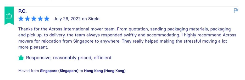 Sirelo Reviews, Across International Relocation Singapore Pte Ltd