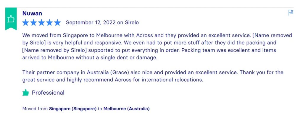 Sirelo Reviews, Across International Relocation Singapore Pte Ltd