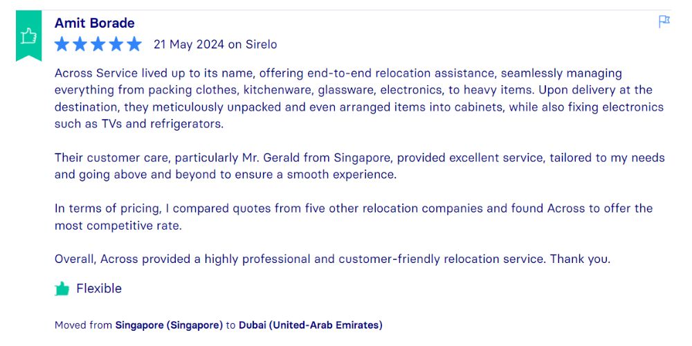 Sirelo Reviews, Across International Relocation Singapore Pte Ltd